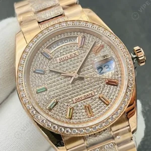 Rolex Day-Date Pave Kadran Taşlı Bezel Rose Gold Super Clone ETA Saat kırp kapak