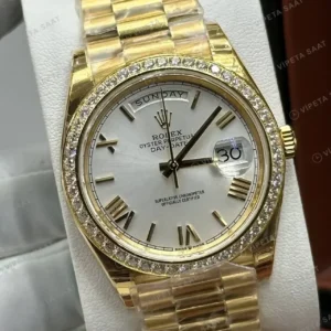 Rolex Datejust 126333 41 mm Beyaz Kadranlı Jubilee Sarı Altın Roma Super Clone ETA Saat kırp kapak