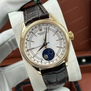 Rolex Cellini Moonphase Beyaz Kadran Sarı Altın Deri Kordon Super Clone ETA Saat kırp kapak