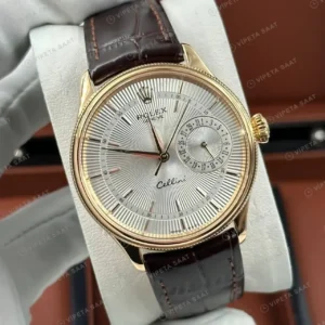 Rolex Cellini Gümüş Kadran Everose Deri Kordon Super Clone ETA Saat kırp kapak