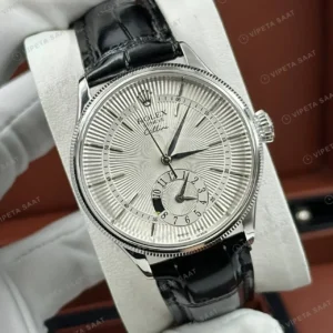 Rolex Cellini Dual Time Gümüş Kadran Deri Kordon Super Clone ETA Saat kırp kapak