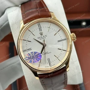 Rolex Cellini Beyaz Kadran Sarı Altın Deri Kordon Super Clone ETA Saat kırp kapak