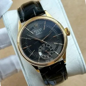 Rolex Cellini Siyah Kadran Sarı Altın Deri Kordon Super Clone ETA Saat kırp kapak