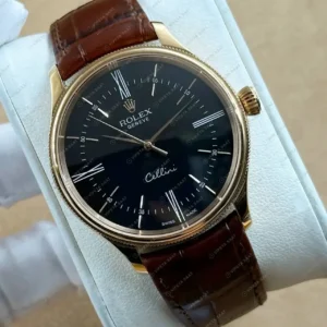Rolex Cellini Siyah Kadran Sarı Altın Deri Kordon Klasik Super Clone ETA Saat kırp kapak