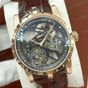 Roger Dubuis Excalibur Rose Skeleton Tourbillon Kahve Deri Super Clone ETA Saat kırp kapak