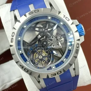 Roger Dubuis Excalibur Gümüş Skeleton Tourbillon Mavi Kauçuk Super Clone ETA Saat kırp kapak