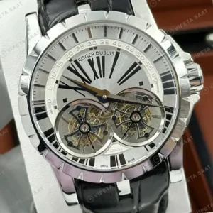 Roger Dubuis Excalibur Gümüş Roman Kadran Deri Gündüz Super Clone ETA Saat kırp kapak