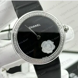 Chanel Mademoiselle Prive Kamelya Siyah Elmas Taşlı Deri Super Clone ETA Saat kırp kapak