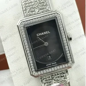 Chanel Boy-Friend Siyah Elmas Taşlı Çelik Super Clone ETA Saat kırp kapak