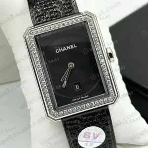 Chanel Boy-Friend Siyah Elmas Taşlı Tweed Super Clone ETA Saat kırp kapak