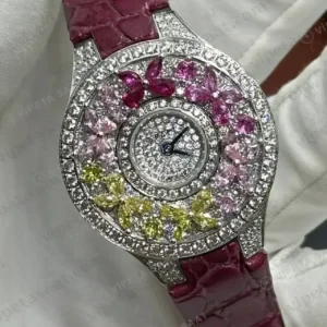 Graff Diamond Renkli Taşlı Bordo Deri Super Clone ETA Saat kırp kapak