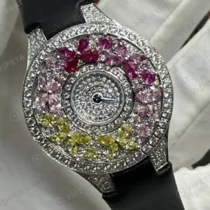 Graff Diamond Pembe Sarı Taşlı Siyah Deri Super Clone ETA Saat kırp kapak