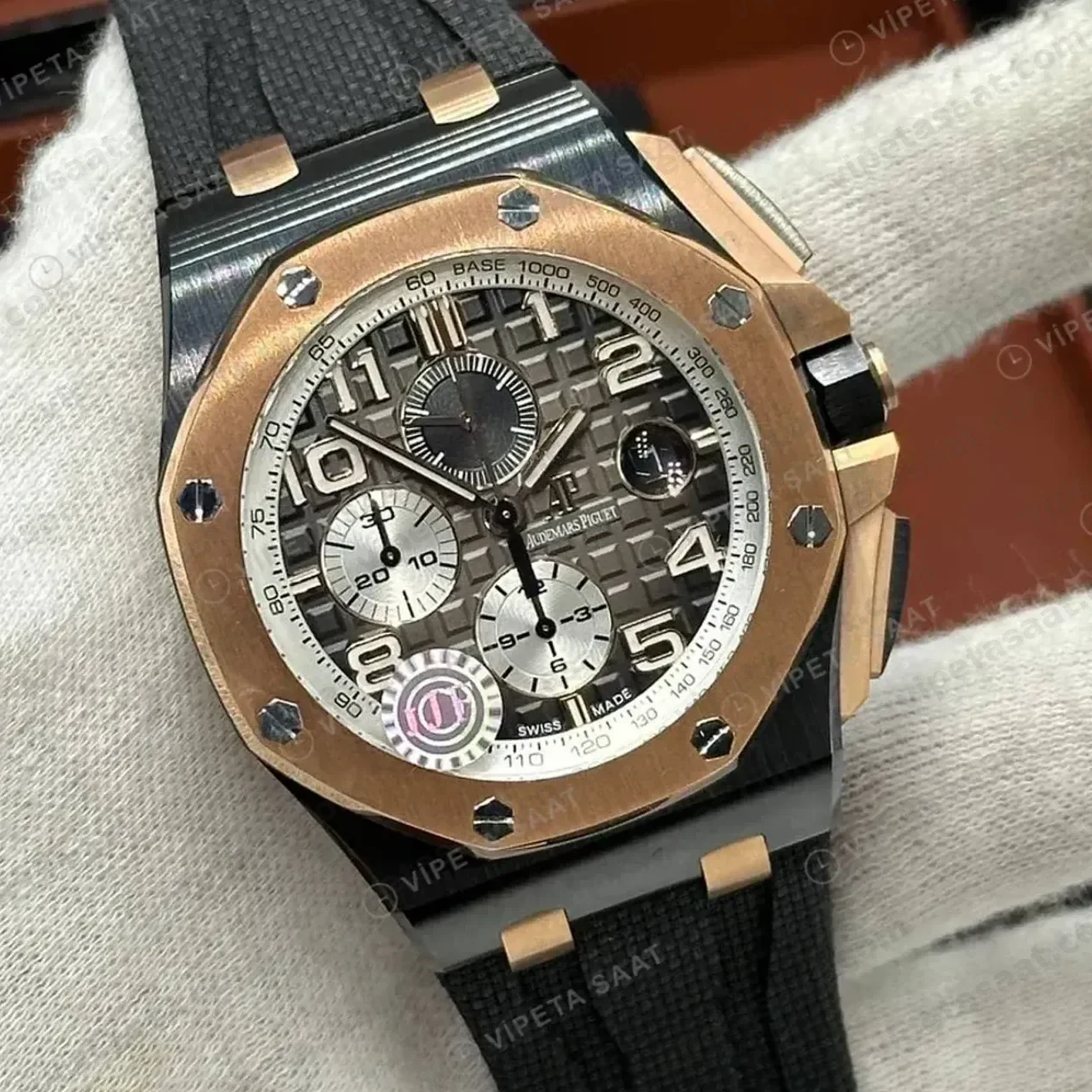 Audemars Piguet 26401OR Siyah Kadranlı Skeleton Kronograf Rose Gold Kauçuk Klasik Super Clone ETA Saat kırp kapak