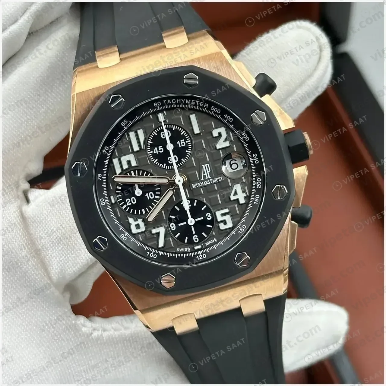 Audemars Piguet 26470OR Siyah Kadranlı Kronograf Rose Gold Kauçuk Zarif Super Clone ETA Saat kırp kapak