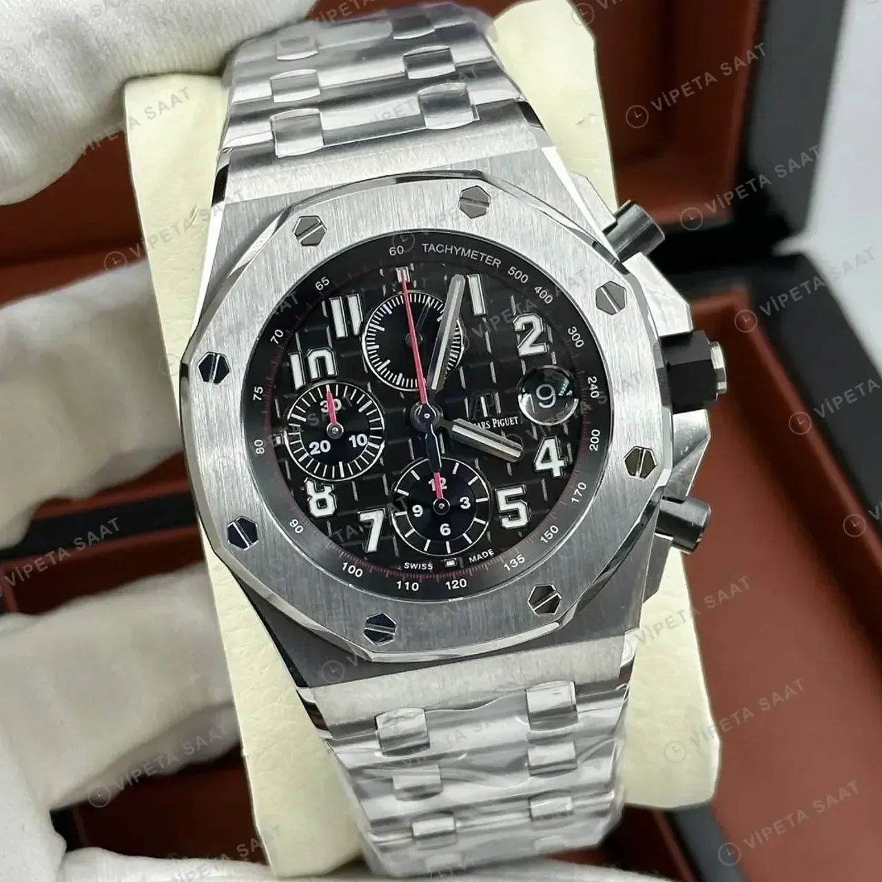 Audemars Piguet 26470ST Siyah Kadranlı Kronograf Bilezik II Super Clone ETA Saat kırp kapak