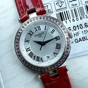 Tissot Lady Beyaz Kadran Kırmızı Deri Taşlı Super Clone ETA Saat kırp kapak