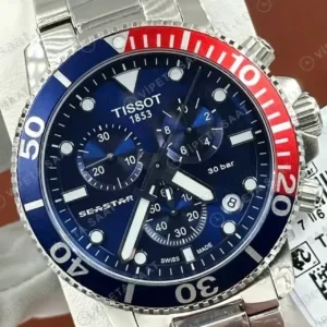 Tissot Seastar Mavi Kronograf Kırmızı Bezel Çelik Super Clone ETA Saat kırp kapak