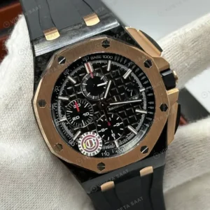 Audemars Piguet 26470OR Siyah Kadranlı Kronograf Rose Gold Kauçuk Klasik Super Clone ETA Saat kırp kapak