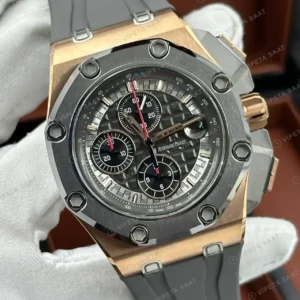 Audemars Piguet 26401OR Gri Kadranlı Skeleton Kronograf Rose Gold Kauçuk Super Clone ETA Saat kırp kapak