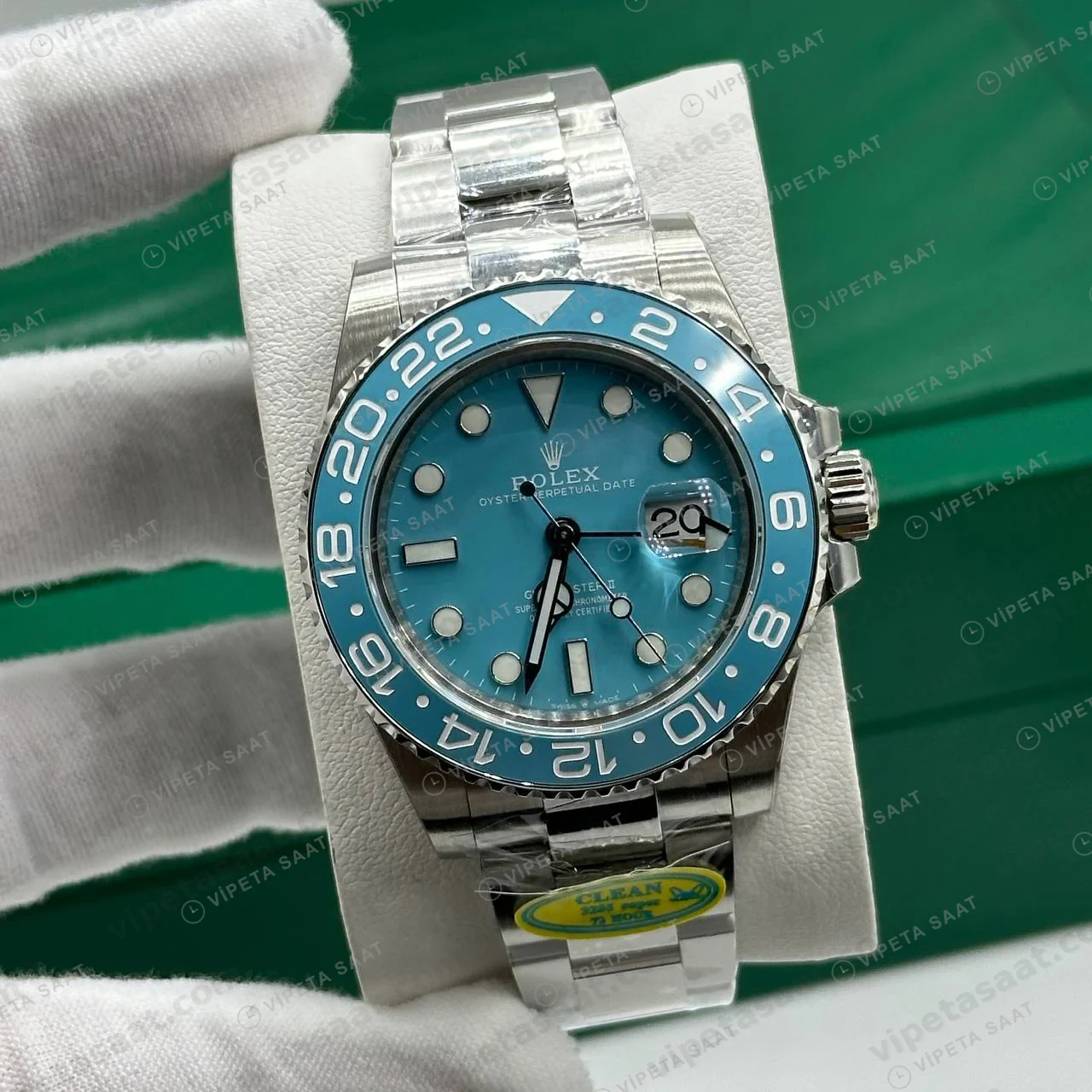 Rolex GMT-Master II Buz Mavisi Kadran Mavi-Siyah Bezel Super Clone ETA Saat kapak