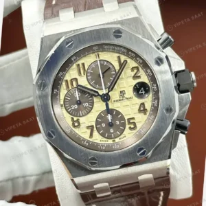 Audemars Piguet 26470ST Bej Kadranlı Kronograf Deri Safari Super Clone ETA Saat kırp kapak