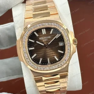 Patek Philippe 40 mm Nautilus Rose Gold Kahve Elmas Taşlı Düz Super Clone ETA Saat kırp kapak