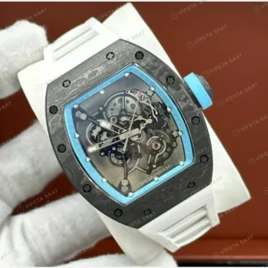 Richard Mille RM 055 42 mm Yas Marina Karbon Mavi Çerçeve Marin Skeleton Beyaz Kordon Super Clone ETA Saat kırp kapak