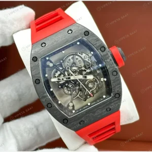 Richard Mille RM 055 42 mm Siyah Karbon Skeleton Kırmızı Kauçuk Mat Super Clone ETA Saat kırp kapak