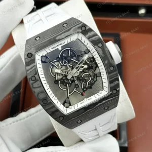 Richard Mille RM 055 42 mm Bubba Watson Americas Siyah Karbon Beyaz Çerçeve Skeleton Beyaz Kordon Super Clone ETA Saat kırp kapak