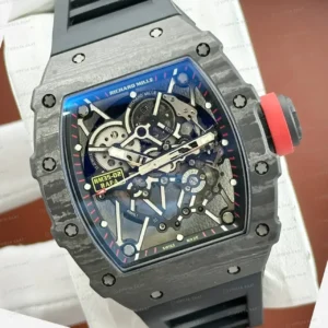 Richard Mille 50 mm rm 35 02 rafael nadal siyah karbon kirmizi detay beyaz kordon Super Clone ETA Saat kırp kapak