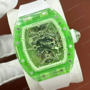 Richard Mille 38 mm rm 56 01 tourbillon yesil seffaf safir kasa kordon Super Clone ETA Saat kırp kapak
