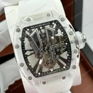 Richard Mille RM 055 42 mm Safir Şeffaf Beyaz Kasa Skeleton Kauçuk Super Clone ETA Saat kırp kapak