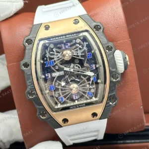 Richard Mille RM 21-01 47 mm Tourbillon Rose Altın Rakamlı Beyaz Kauçuk Super Clone ETA Saat kırp kapak
