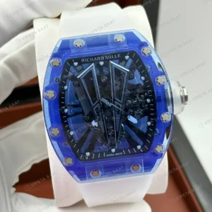 Richard Mille RM 055 42 mm Safir Mavi Şeffaf Kasa Skeleton Kauçuk Super Clone ETA Saat kırp kapak