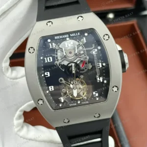 Richard Mille RM 003 48 mm Tourbillon Dual Time Çelik Kasa Gri Kadran Rakamlı Kauçuk Super Clone ETA Saat kırp kapak