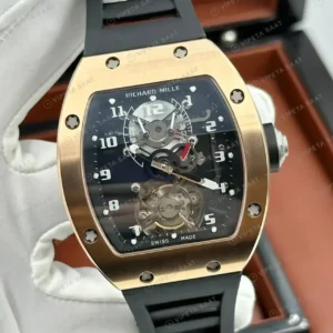 Richard Mille RM 003 48 mm Tourbillon Dual Time Rose Altın Rakamlı Kadran Kauçuk Super Clone ETA Saat kırp kapak