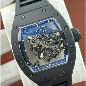 Richard Mille RM 055 42 mm Bubba Watson Asia Siyah Seramik Mavi Çerçeve Skeleton Kauçuk Super Clone ETA Saat kırp kapak