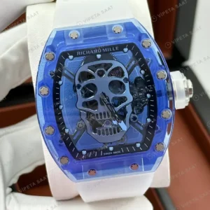 Richard Mille RM 052 42 mm Mavi Şeffaf Kurukafa Kauçuk Super Clone ETA Saat kırp kapak
