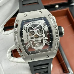 Richard Mille RM 052 42 mm Gümüş Kurukafa Skeleton Kauçuk Super Clone ETA Saat kırp kapak