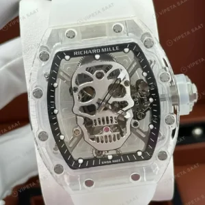 Richard Mille RM 052 42 mm Beyaz Şeffaf Kurukafa Kauçuk Super Clone ETA Saat kırp kapak