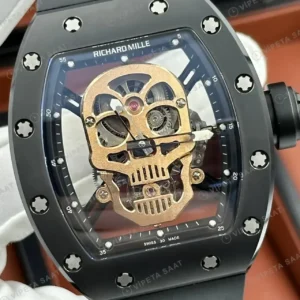 Richard Mille RM 052 42 mm Altın Kurukafa Skeleton Kauçuk Super Clone ETA Saat kırp kapak