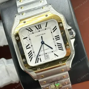 Cartier Santos 40 mm W2SA0007 Beyaz Kadran Cift Renk Altin Super Clone ETA Saat kırp kapak