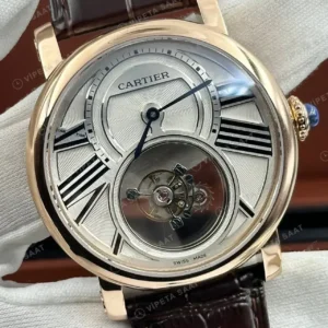 Cartier Rotonde Gumus Gizemli Tourbillon Deri Super Clone ETA Saat kırp kapak
