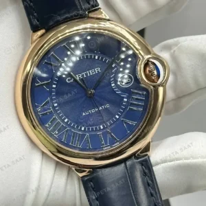 Cartier Ballon Bleu 42 mm W6901005 Rose Gold Mavi Kadran Deri Super Clone ETA Saat kırp kapak