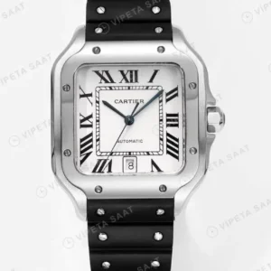 Cartier Santos 40 mm WSSA0018 De Cartier Beyaz Kadran Silikon Kordon Super Clone ETA Saat kırp kapak