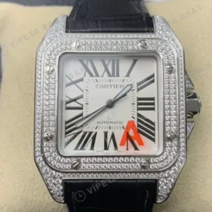 Cartier Santos de Cartier 100 38 mm W20073X8 Santos 100 Beyaz Kadran Baget Bezel Siyah Deri Kordon Super Clone ETA Saat kırp kapak