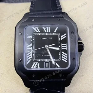 Cartier Santos-Dumont 43.5 mm WSSA0022 Santos Siyah Dlc Kasa Siyah Deri Kordon Super Clone ETA Saat kırp kapak