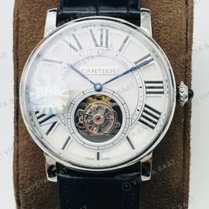 Cartier Rotonde Tourbillon Beyaz Kadran Celik Deri Kordon Super Clone ETA Saat kırp kapak