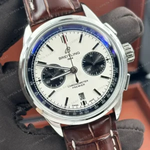 Breitling Premier B01 42 mm Beyaz Kronograf Kahve Deri AB0118221L1P1 Super Clone ETA Saat kırp kapak
