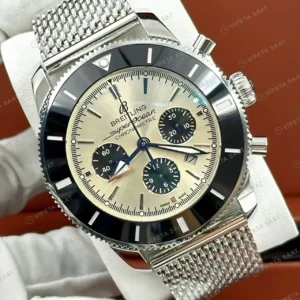 Breitling Superocean Heritage B01 42 mm Krem Kronograf Hasır Kordon AB0162121E1S1 Super Clone ETA Saat kırp kapak